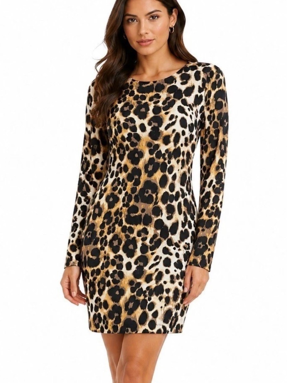 bebe Leopard Print Long Sleeve Mini Bodycon Dress - Tan/Black/Cream Size S